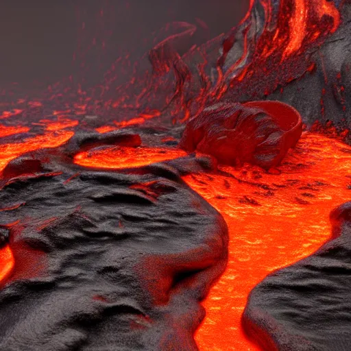 Image similar to 8 k hd detailed octane render of a river of molten magma following from a volcano