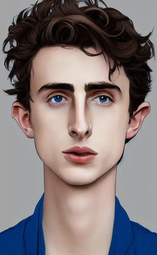 Image similar to portrait of a masculine 3 0 year old empeoror with thin face lines like timothee chalamet, have mi - long brown hair and blue eyes ( completely blue, without white, just blue ), very beautiful portrait, low angle, realistic anime style and perfect art, trending on artstation, good and dramatic lighting