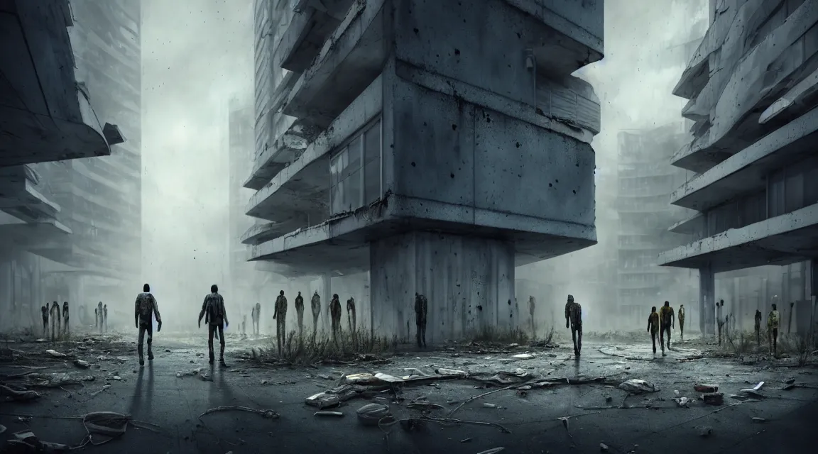 Image similar to big grey aliens walking outsife a post apocalyptic hospital building, morning, building, avenue, modern contemporary urban americana concrete architecture, by pascal blanche, neil blevins, apocalyptic color palette, trending on artstation, photorealistic, vivid wilderness ambiance, ultra detailed, high definition, depth of field, bokeh, rubble, wild vegetation, blood stains, building crumbling