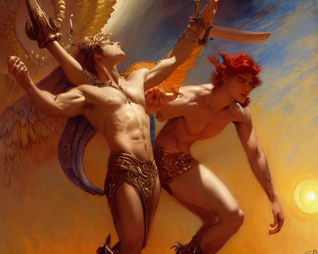 Image similar to attractive pagan male deity, summons handsome lucifer morning star. highly detailed painting by gaston bussiere, craig mullins, j. c. leyendecker 8 k