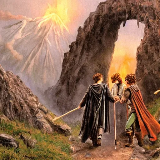 Image similar to Frodo and Harry Potter fight over the one ring at the doorway to mount-doom, painting