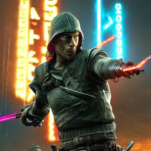 Image similar to todd howard pointing a gun towards the camera and forcing you to buy skyrim, threatening, sharp, cinematic, colorful, digital, neon, bright, cyberpunk, blade runner 2 0 4 9, realism, bold