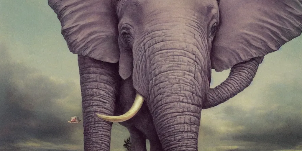 Image similar to a single purple elephant flying in the air like dumbo during a storm, close up of elephant with ground behind, illustration, detailed, smooth, soft, cold, by Adolf Lachman, Shaun Tan, Surrealism
