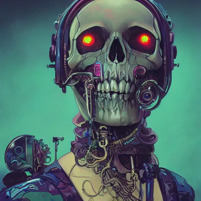 Prompt: a beautiful portrait painting of a ( ( cyberpunk ) ) skull by simon stalenhag and pascal blanche! and alphonse mucha! and nekro. in style of digital art. colorful comic, film noir, symmetry, hyper detailed. octane render. trending on artstation