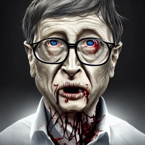 Image similar to a zombie Bill Gates, by WLOP, horror, wounds, bloody, dark fantasy, trending on artstation