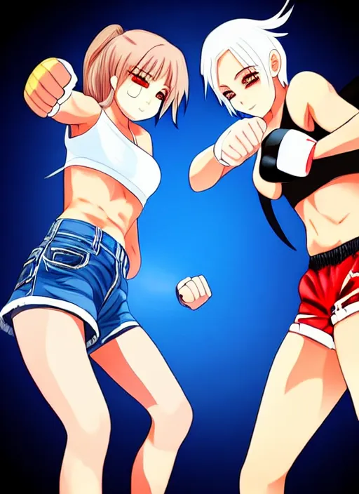 Prompt: two beautiful female fighters facing each other, denim shorts, white top, dim lighting, gorgeous features, smooth, detailed anime art