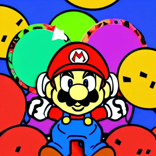 Image similar to svg sticker of a Pop-Wonder SuperMario, Mario-Wearing-a-red-hat, at a rave, spinning records, giant headphones rocking out, wearing headphones, huge speakers, dancing, rave, DJ, spinning records, digital art, amazing composition, rule-of-thirds, award-winning, trending on artstation, featured on deviantart