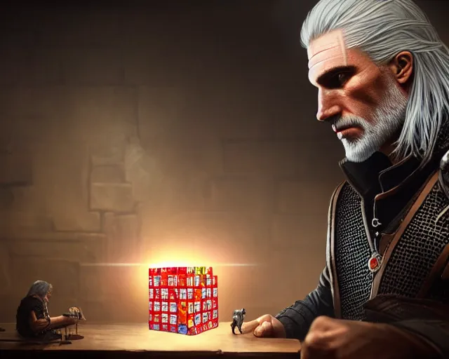 Prompt: 5 5 mm portrait photo of geralt trying to solve a rubix cube. magical atmosphere. art by greg rutkowski. highly detailed 8 k. intricate. lifelike. soft light. nikon d 8 5 0.