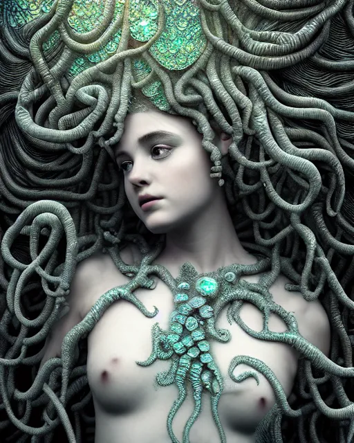 Prompt: surreal mythical dreamy underwater artistic bw photo of a beautiful young female angelic - medusa - cyborg covered with fish scales and algae, highly detailed, intricate crystal ivy jelly fish scales ornate, poetic, octane render, 8 k, photo - realistic, in the style of gustave dore and preraphaelites