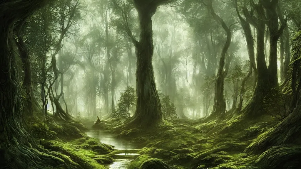 peaceful elven forest, thick forest, large living