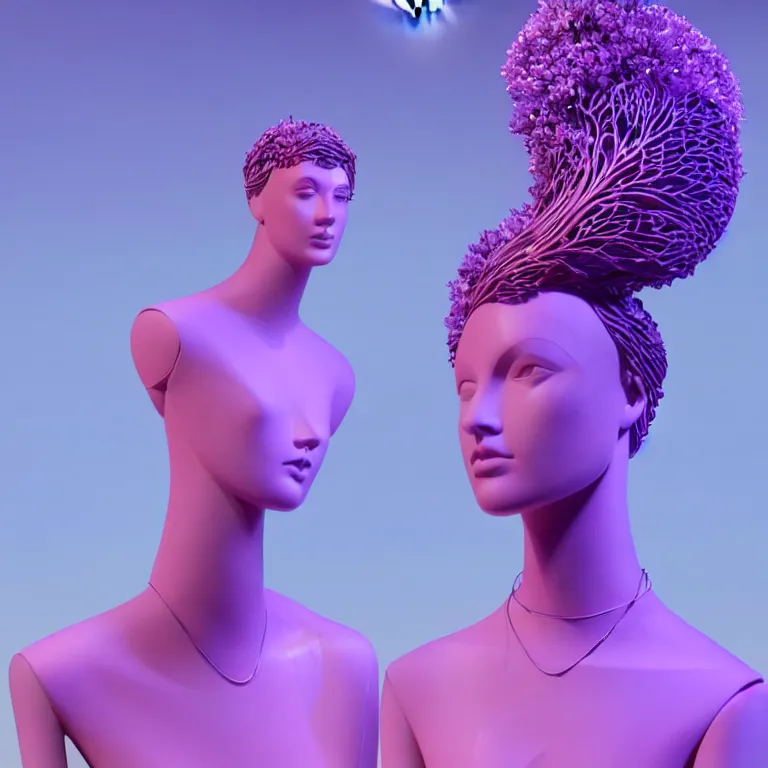 Image similar to beautiful mannequin sculpted out of amethyst by billelis + lit with 3 d geometric neon + doorway opening with neon pink geometric light + hosta flowers!!!, moon in background!!!!!!, rule of thirds, clean linework, dramatic, award winning, 4 k, trending on artstation, photorealistic, volumetric lighting, octane render