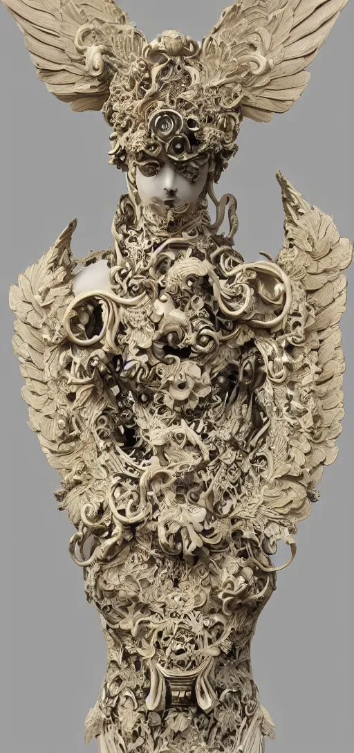 Prompt: carved black marble mechanical bust wearing hard surface armour, subtle gold accents, frontal view, ivory rococo, wings lace wear, hyper detailed, insane details, intricate