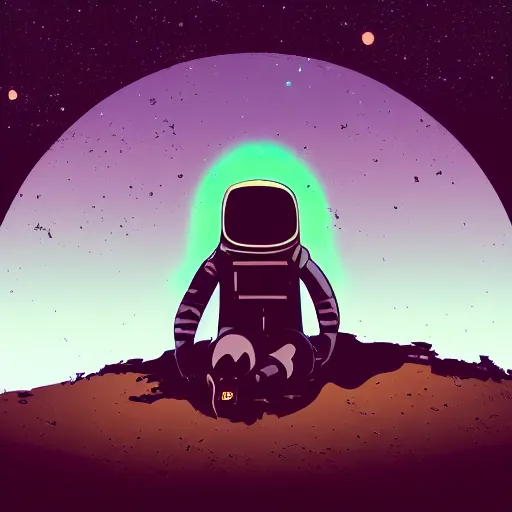 Prompt: a lonely astronaut sitting on vacant planet in the style of flooko, acrylic art, ambient lighting, neon, vector art, detailed, bleak, gloomy, dismal, sad, pale, tired, somber, art, moonlight,