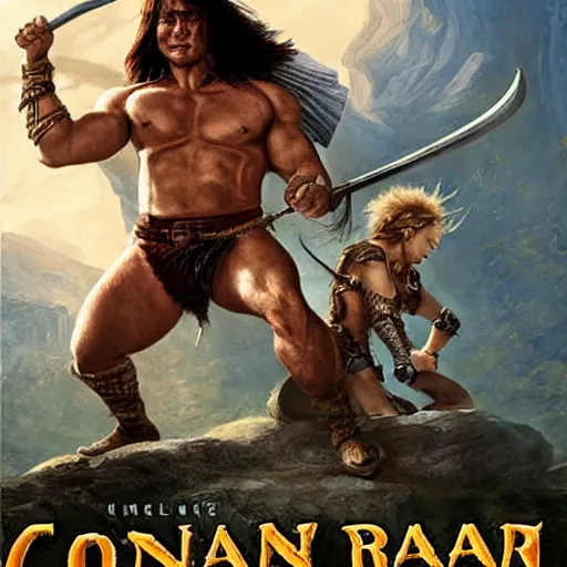 Prompt: conan the barbarian fighting a duck, epic fantasy, realistic