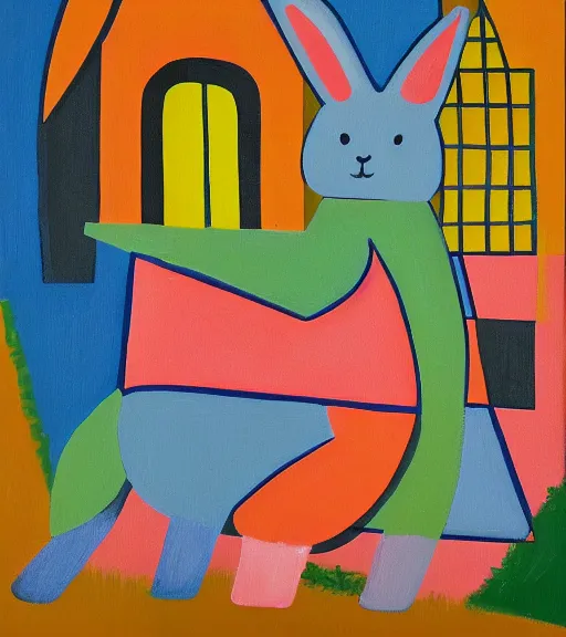 Prompt: brutalist painting of a rabbit and a giant carrot house