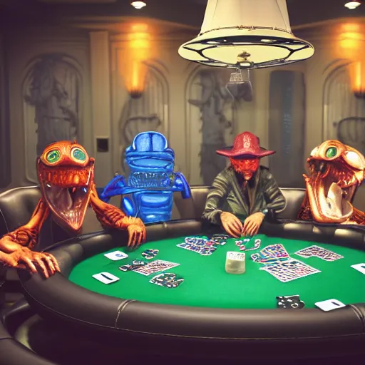 Prompt: aliens sitting at a poker table, 4 k hdr photograph, taken by king of photo taking, 3 d render, super detailed, mega detailed, depth of field, blender, maya, rtx on, bluray, ultra high definition