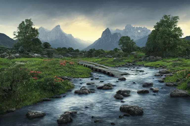 Prompt: A flowery meadow with a large tree in the left and a river on the right with rocky sides, a wooden bridge on the right and realistic mountains in the background, a slightly overcast sky at sunrise. ultra realistic, matte painting, concept art, 4k, trending on artstation, octane render, wide lens.