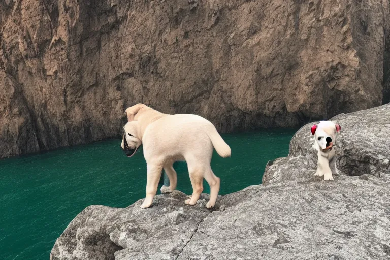 Image similar to a puppy is looking directly at the water below them while they stand at an edge of a cliff