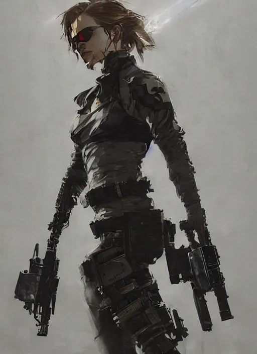 Image similar to emma watson wearing metal gear armor holding ak-47 dramatic lighting art by Yoji Shinkawa by Richard Schmid by greg rutkowski by Sandra Chevrier by Jeremy Lipking cinematic dramatic