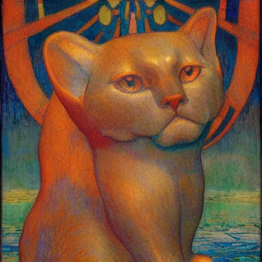 Prompt: painting of a cloisonne cat sculpture, by annie swynnerton and diego rivera and nicholas roerich and jean delville, symbolist, dramatic lighting, god rays, art brut, rich colors, smooth, sharp focus, extremely detailed, adolf wolfli and ( donato giancola and bilibin )