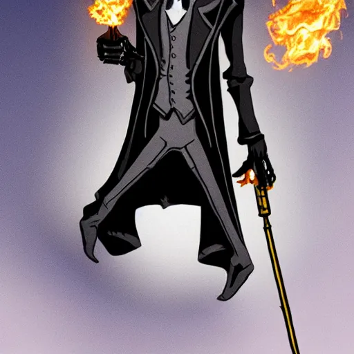 Prompt: DND character concept, Tall skeletal figure, wearing a deep black suit and tie and top hat, holding a golden cane. Light blue flames envelop his whole body