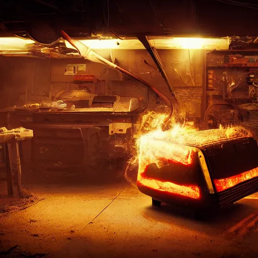 Image similar to cyborg toaster oven repairman, dark messy smoke - filled cluttered workshop, dark, dramatic lighting, orange tint, sparks, plasma rays, cinematic, highly detailed, sci - fi, futuristic, movie still