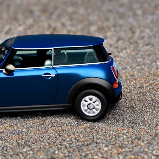 Prompt: a 4 k photorealistic photo of a miniature mini cooper car on a beach, natural soft lighting, outdoors, medium shot sandy