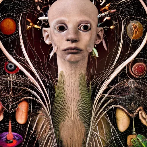 Prompt: close up portrait photography, xoloitzcuintles, axolotls, aboriginal shamans, spiritual healers, embracing space travellers genesis in underworld, floria sigismondi, ernst haeckel