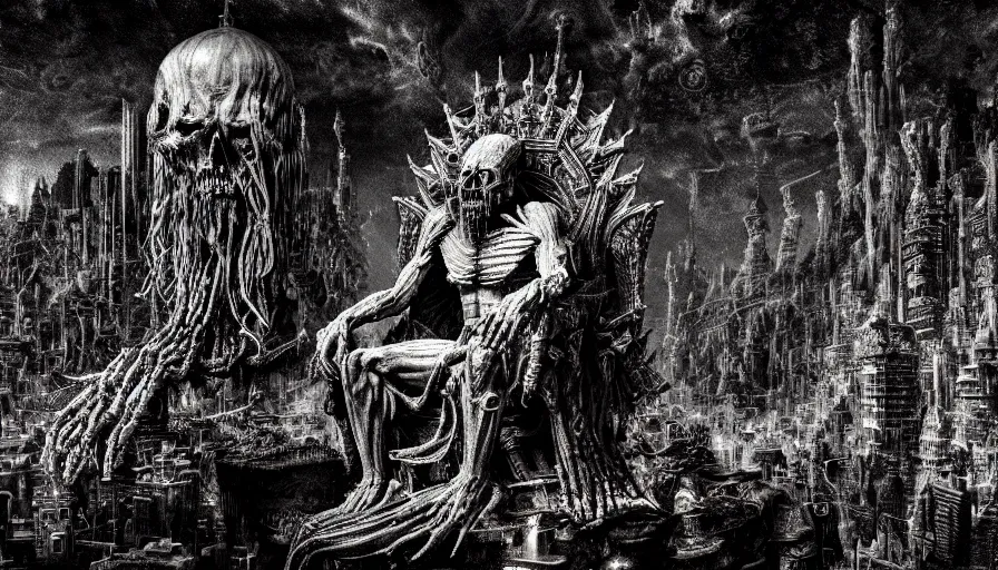 Image similar to highly detailed dark rotting god god sitting on a throne of bodies, night, death, fear, horror, religion, in style of minecraft, monochrome, cyberpunk, by caravaggio, hyperrealism, detailed and intricate environment