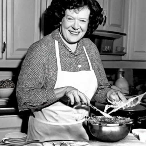 Prompt: color photo of julia child cooking show making corn dogs