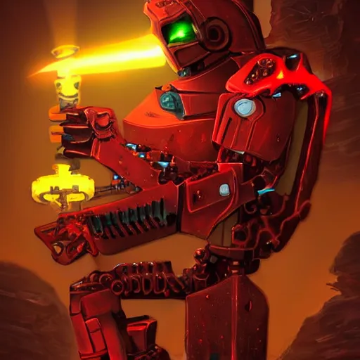 Image similar to A warforged from Dungeons & Dragons looking like the BIONICLE Keetongu, with one red glowing eye and eldritch styled tattoos on his arms, art by Christian Faber