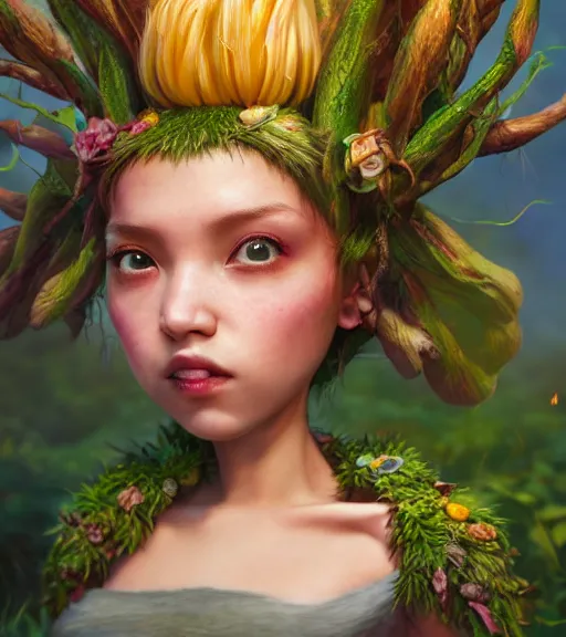 Prompt: An epic fantasy comic book style portrait painting of an extremely cute and adorable very beautiful corn dryad, character design by Mark Ryden and Pixar and Hayao Miyazaki, unreal 5, DAZ, hyperrealistic, octane render, cosplay, RPG portrait, dynamic lighting, intricate detail, harvest fall vibrancy, cinematic