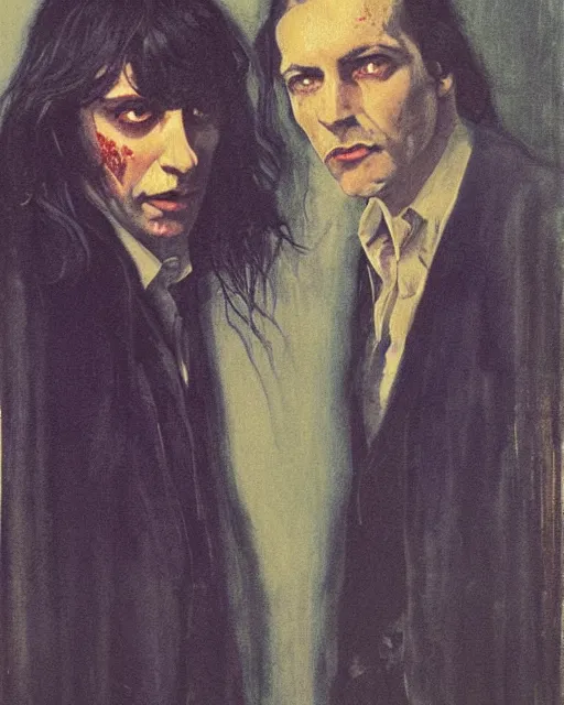 Image similar to two beautiful but sinister men wearing oxford shirts in layers of fear, with haunted eyes and dark hair, 1 9 7 0 s, seventies, wallpaper, a little blood, moonlight showing injuries, delicate embellishments, painterly, offset printing technique, by brom, robert henri, walter popp