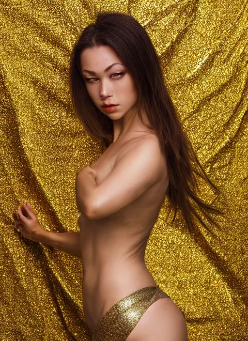 Prompt: photo of a woman with gleaming metallic gold dragon scales for skin in the style of stefan kostic, realistic, full body shot in bikini, sharp focus, 8 k high definition, insanely detailed, intricate, elegant, art by stanley lau and artgerm, extreme bokeh foliage