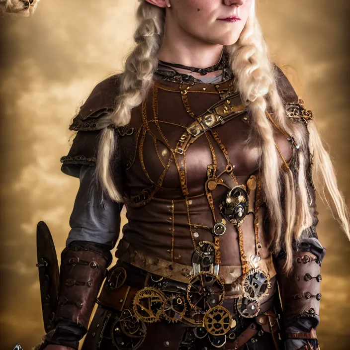 Prompt: portrait photograph of a real-life female steampunk viking, Extremely detailed. 8k