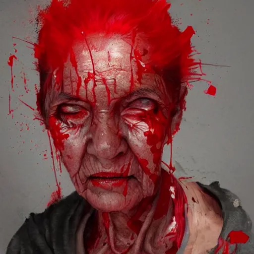 Image similar to elderly woman with black eyes covered in red paint, intricate, art by greg rutkowski, high detailed, 4 k,