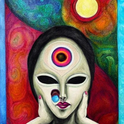 Image similar to Art in the style of Octavia Ocampo, Gaia, Mother Earth, side portrait, mask inside mask