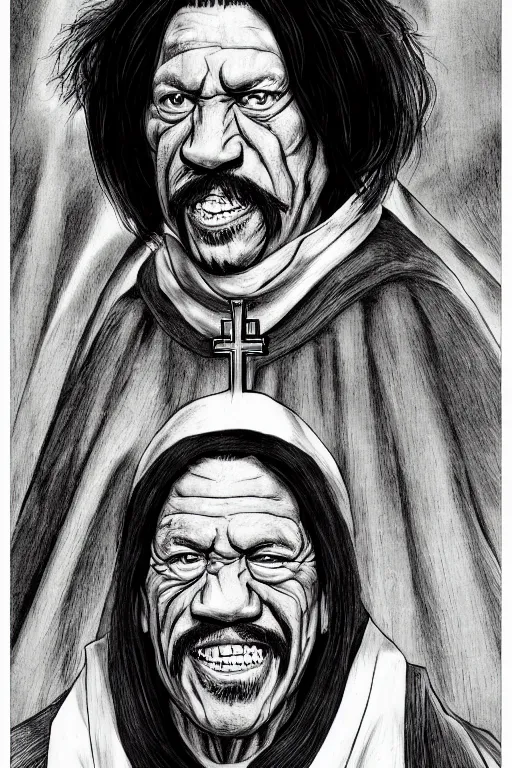 Image similar to portrait of Danny Trejo as church nun, highly detailed, artstation, manga illustration by Kentaro Miura berserk