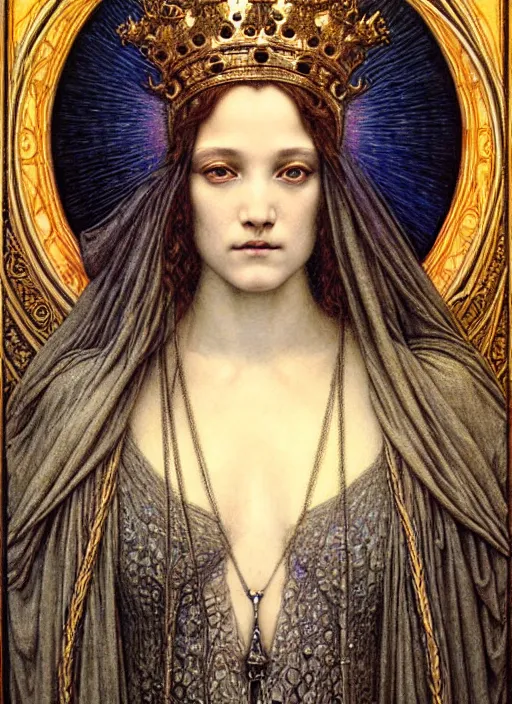 Image similar to detailed realistic beautiful young medieval queen face portrait by jean delville, gustave dore and marco mazzoni, art nouveau, symbolist, visionary, gothic, pre - raphaelite. horizontal symmetry