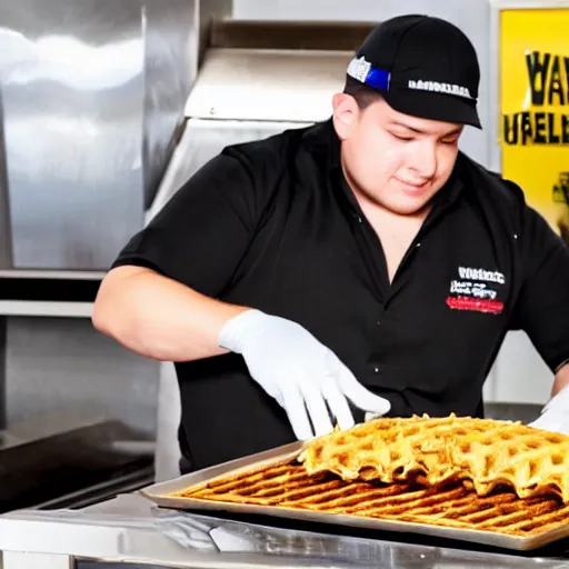 Image similar to wafflehouse restaurant employee inside a Wafflehouse cooking food on a Wafflehouse flat top grill