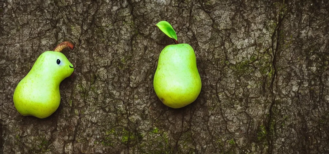 Prompt: a cute green pear animal walking in front of a forest, and looking at the camera; pear skin; nature photography