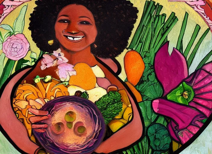 Image similar to an art nouveau oil painting of a beautiful, smiling black woman entirely made from vegetables, flowers and fruits, within a circle