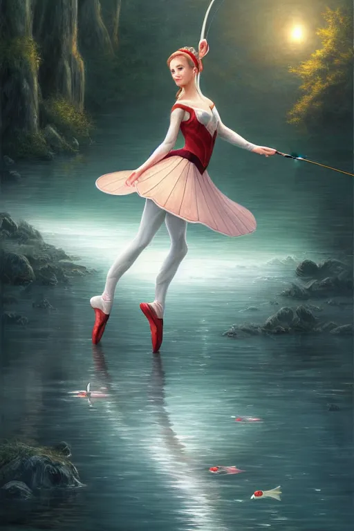 Image similar to elegant elf ballerina fishing in lake, highly detailed, d & d, fantasy, highly detailed, digital painting, trending on artstation, concept art, sharp focus, illustration, global illumination, ray tracing, realistic shaded, art by artgerm and greg rutkowski and fuji choko and viktoria gavrilenko and hoang lap