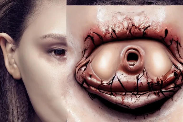 Image similar to a horrific photograph of a disgusting amorphous blob!!!!!!!!!!, failed cosmetic surgery, ( ( ( ( ( ( ( ( lip filler ) ) ) ) ) ) ) ), 8 k, volumetric lighting, unreal engine, ultra - realistic, grotesque, nightmare fuel, dripping skin, david cronenberg, ren and stimpy