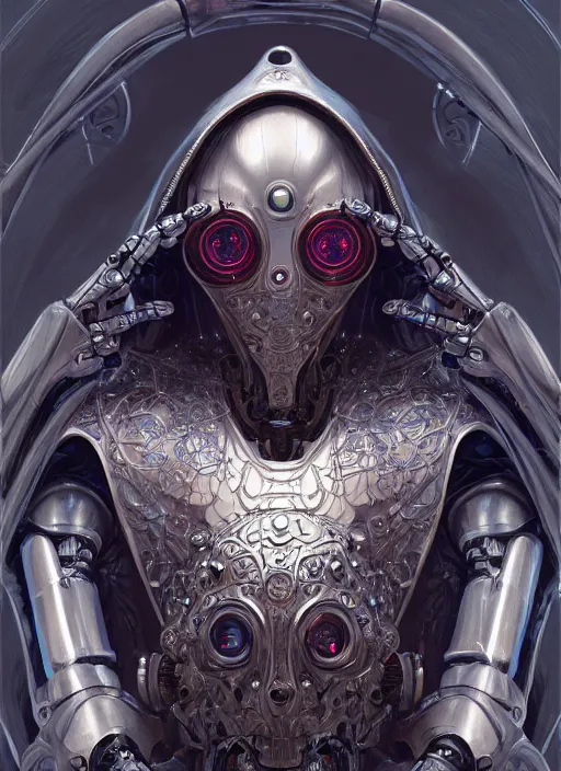 Image similar to robotic guy with hoodie, d & d, wet, shiny, fantasy, intricate, elegant, extremely higly detailed, ultra definition, digital painting, artstation, anatomical perfection, baroque, portrait, unreal engine 5, concept art, smooth, sharp focus, illustration, art by artgerm and greg rutkowski and alphonse mucha