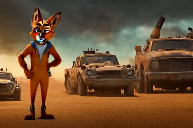 Image similar to nick wilde ( from zootopia ), heavily armed and armored facing down armageddon in a dark and gritty reboot from the makers of mad max : fury road