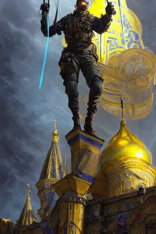 Image similar to special forces soldier raising ukrainian blue and yellow flag on st. basil cathedral, masculine figure, d & d, fantasy, bright atmosphere, volumetric lights, intricate, elegant, extremely detailed, digital painting, artstation, concept art, matte, smooth, sharp focus, hyper realistic, illustration, art by artgerm and greg rutkowski and alphonse mucha