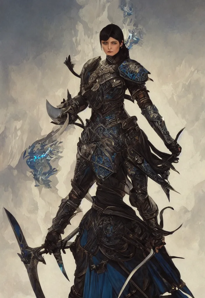 Image similar to woman dressed in plate armor with black hair and blue eyes wielding a greatsword, elegant, digital illustration, fire magic, detailed, intricate, sharp focus, digital painting, deep focus, digital painting, artstation, concept art, matte, art by artgerm and greg rutkowski and alphonse mucha