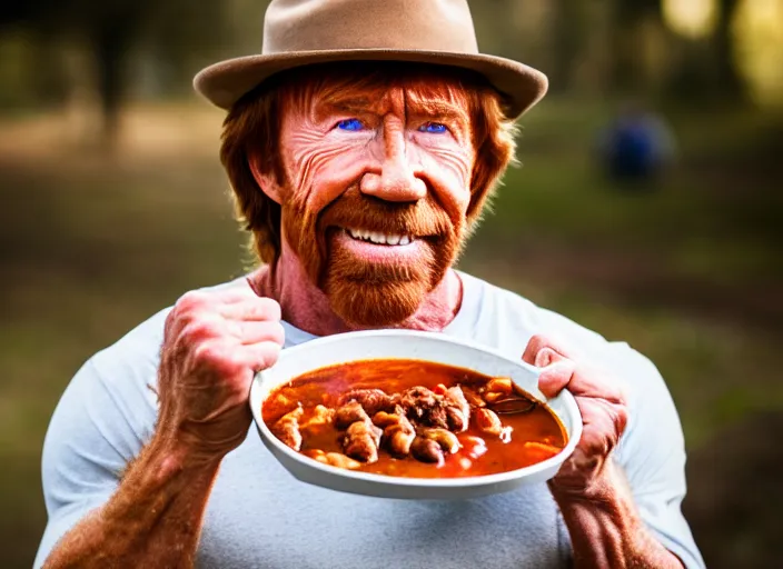 Prompt: photo of chuck norris eating chili, 8 k, 8 5 mm f 5. 6