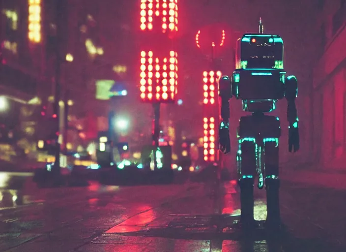 Image similar to a 2 8 mm macro kodachrome photo of a tall huge metallic cyborg droid with glowing lights, walking alone on a rainy night in the city in the 1 9 5 0's, seen from a distance, bokeh, canon 5 0 mm, cinematic lighting, film, photography, golden hour, depth of field, award - winning, neon, cyberpunk